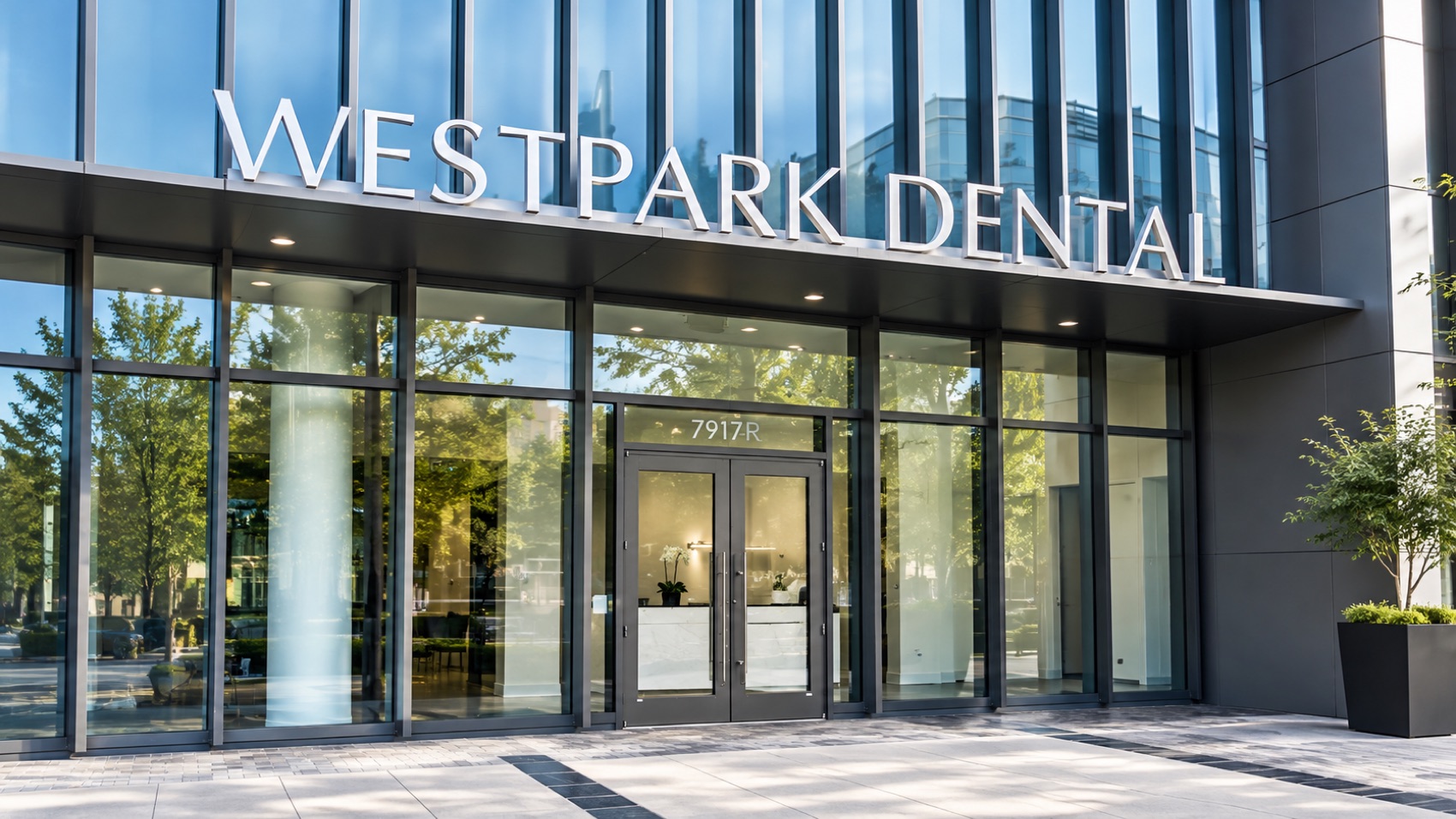Exterior entrance of Westpark Dental Studio, with WESTPARK DENTAL signage above glass doors in the Westpark neighborhood of McLean, Virginia
