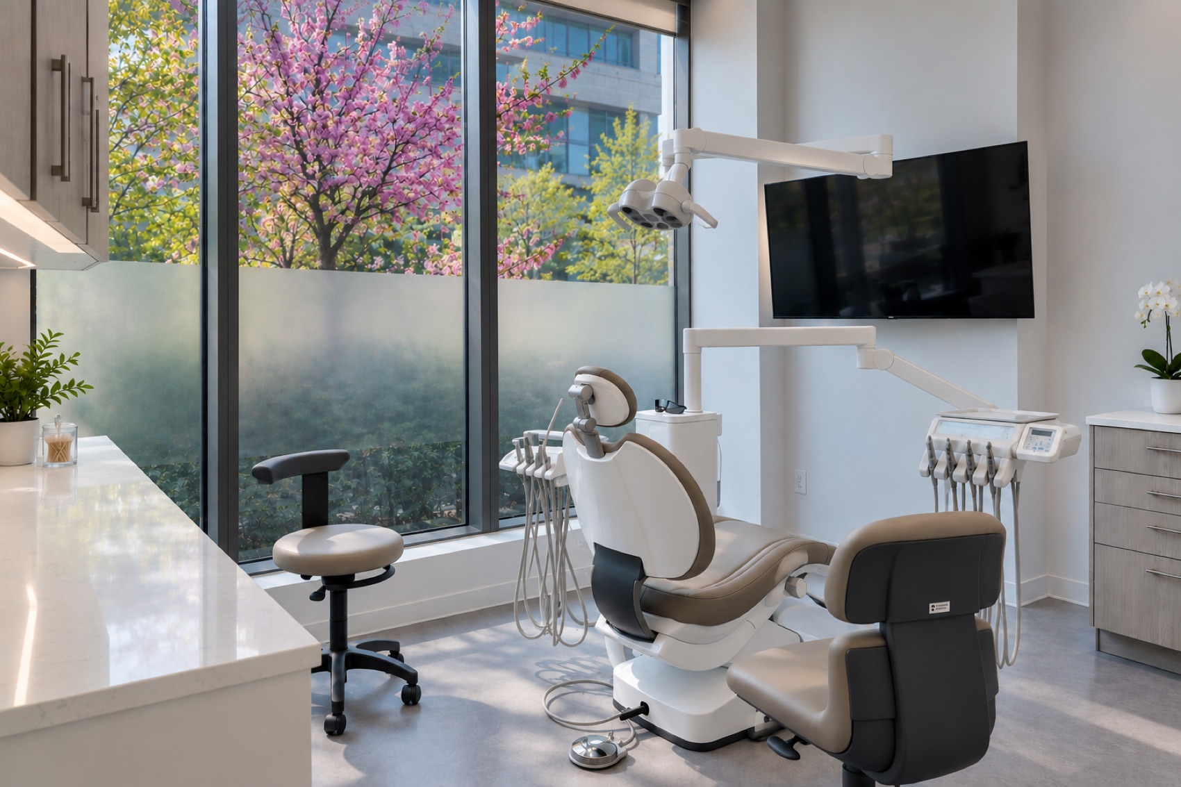 A calm, light-filled treatment room at Westpark Dental Studio with a modern dental chair
